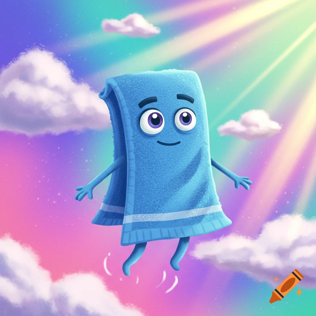 A cute, blue cartoon towel character with a face, arms, and legs floats in a vibrant, rainbow-colored sky with clouds and sun rays.