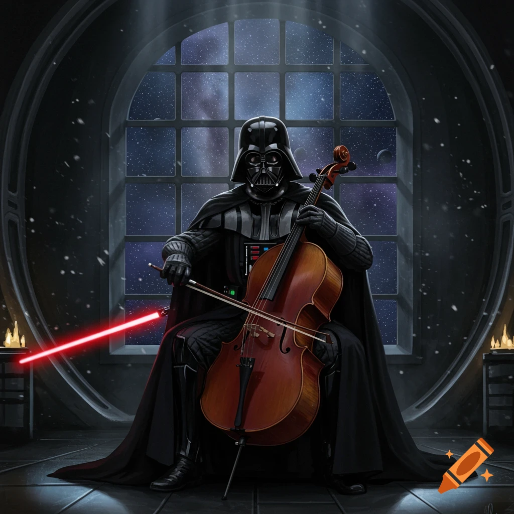 Darth Vader in black armor and cape sits playing a cello with a red lightsaber bow, against a starry window.