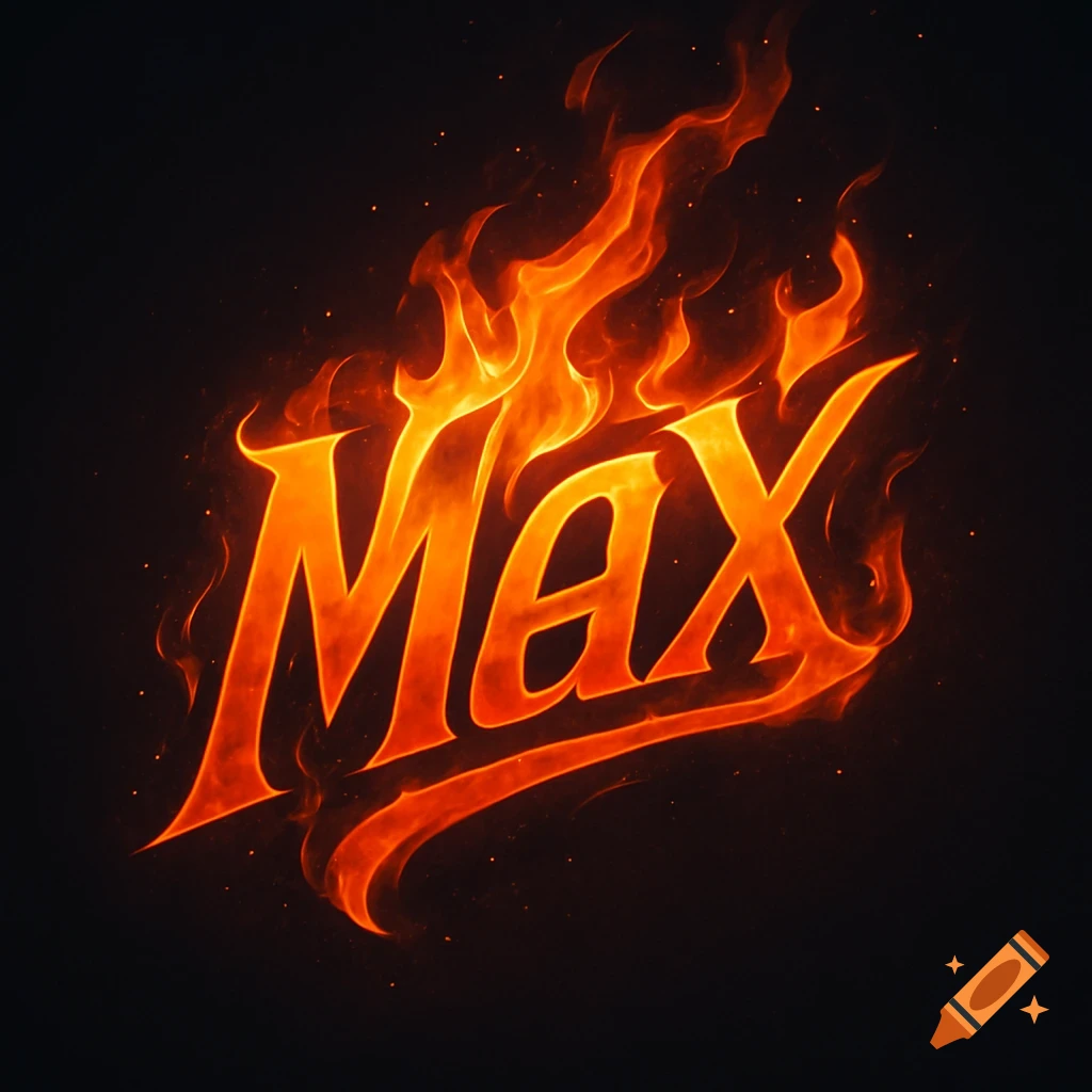 The word 'Max' rendered in fiery orange and red flames against a dark background, in a stylized logo.