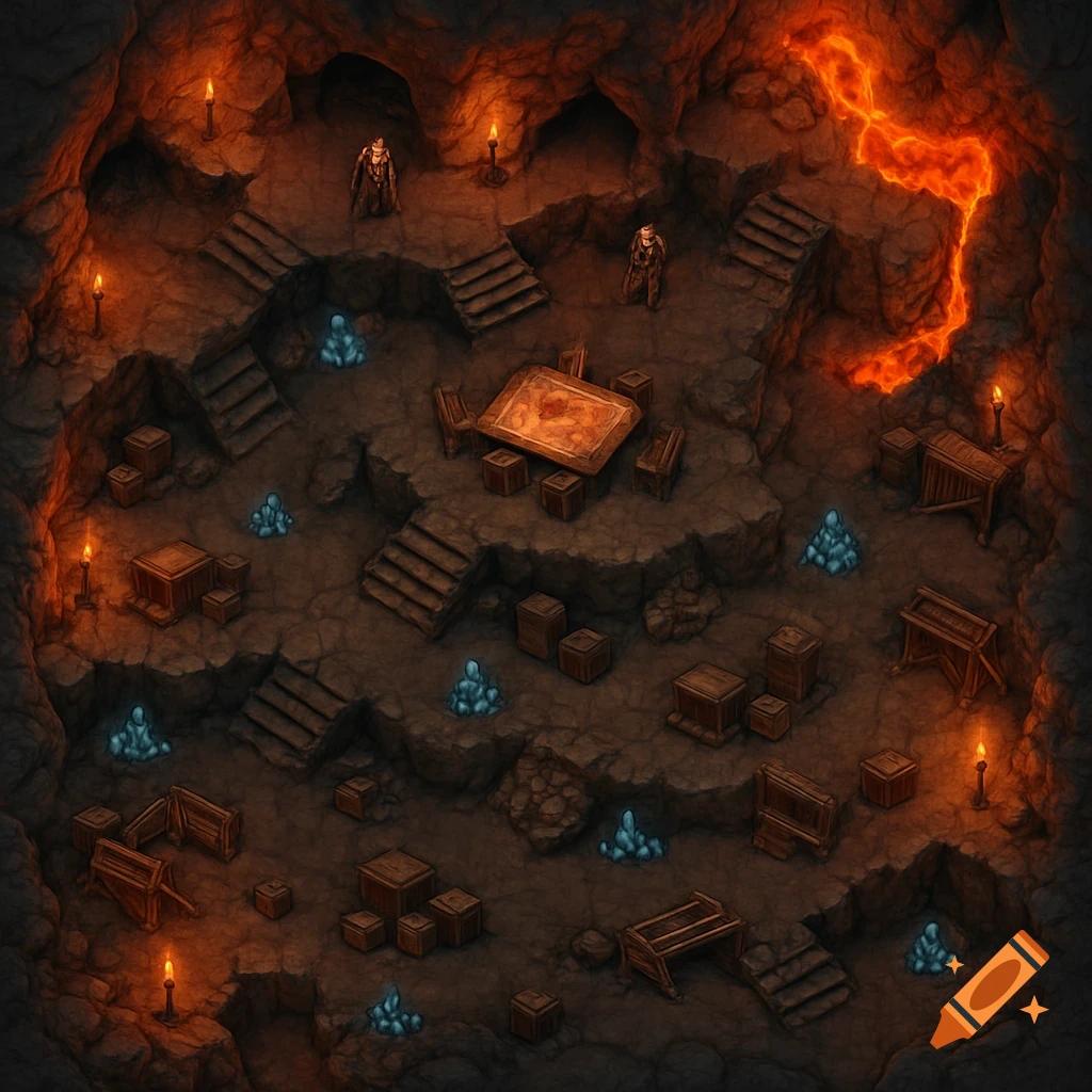 A top-down fantasy battlemap of a volcanic cave war room with stairs, crates, crystals, lava, and two figures.