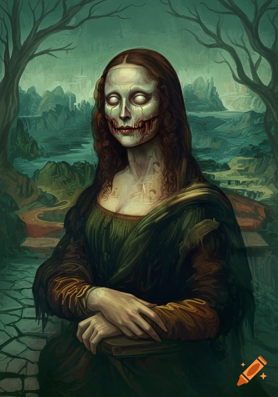 A stylized zombie Mona Lisa with a pale, cracked face, white eyes, and a bloody mouth, in renaissance attire against a dark, eerie landscape.