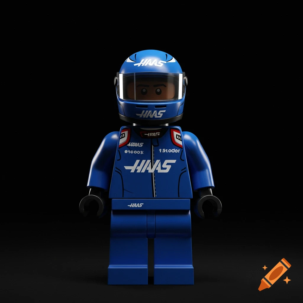 A blue Lego minifigure dressed in a Haas racing suit and helmet stands against a black background.
