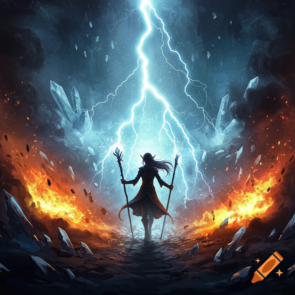 An elf wizard stands with staffs, casting powerful lightning and fire spells amidst ice shards in a dramatic fantasy illustration.
