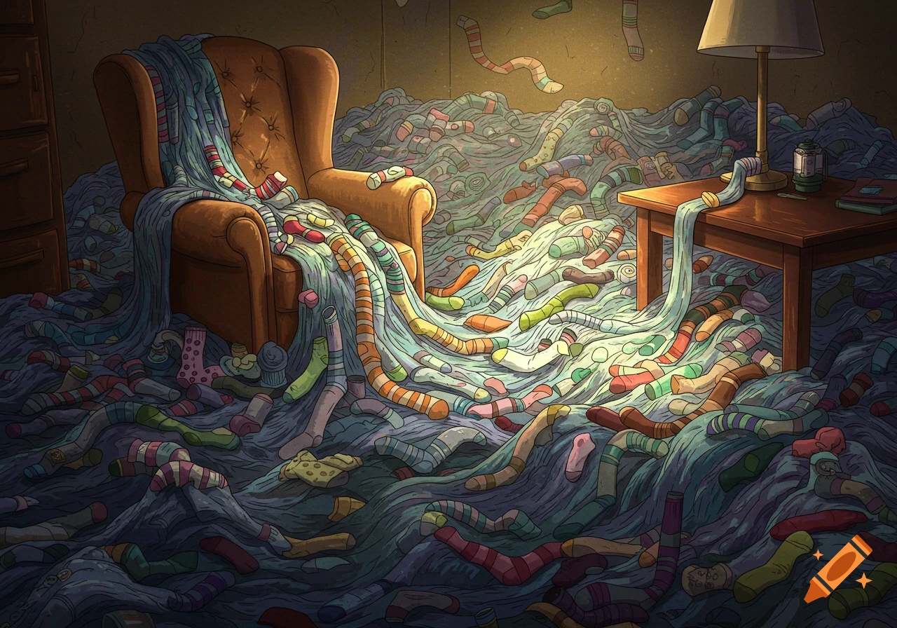 A messy cartoon illustration of a room overflowing with colorful socks, with an armchair and a side table.