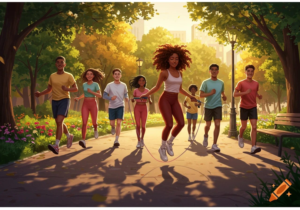 Five people, two women and three men, jogging down a tree-lined park ...