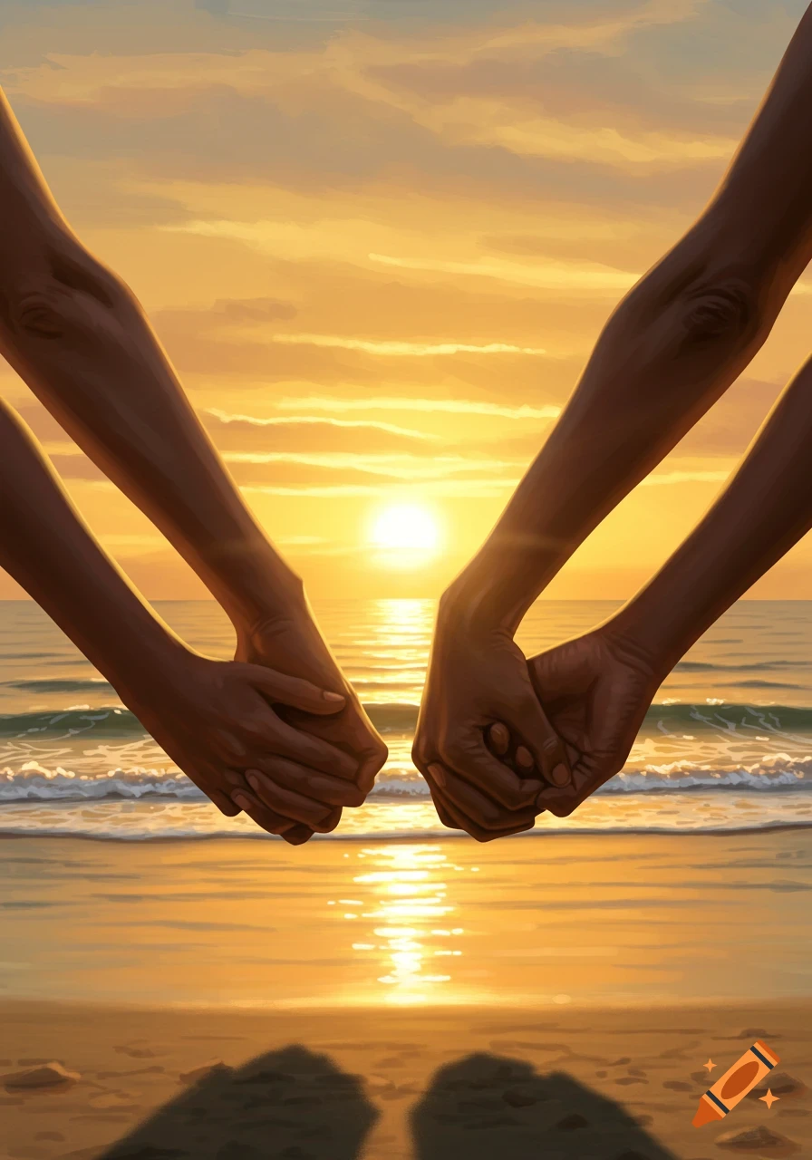 Two pairs of dark-skinned hands holding each other at a sandy beach during a golden sunset.