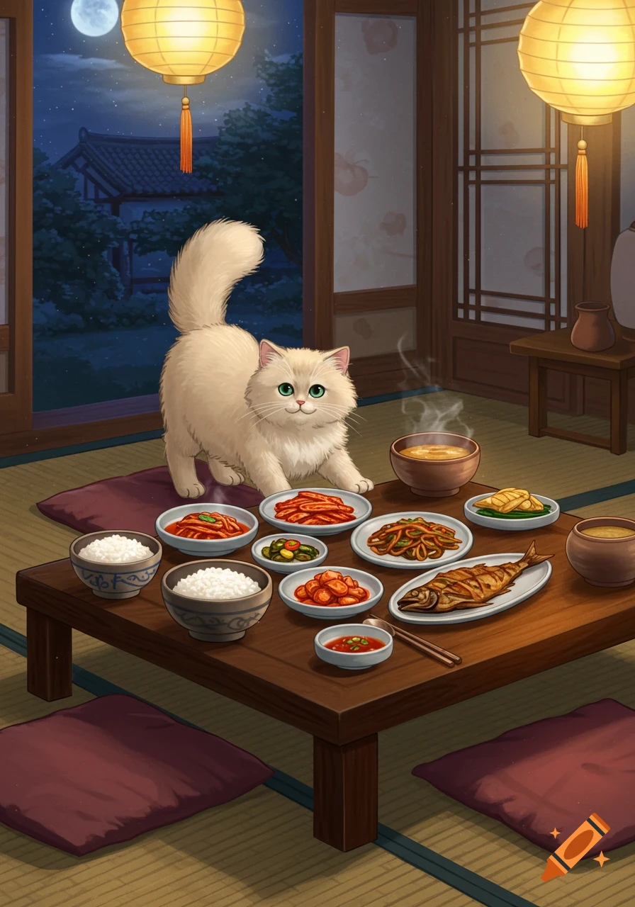 A fluffy white cat stands on a tatami mat next to a low wooden table laden with various Korean dishes, under lanterns in a traditional room at night. Illustration style.
