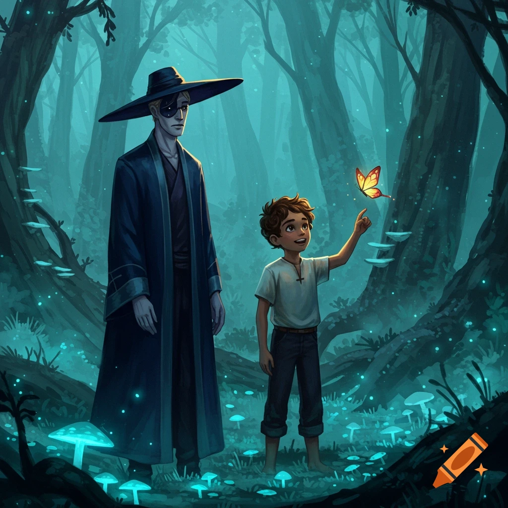 A tall, mysterious man and a child in a dark, enchanting forest with glowing mushrooms; the child reaches for a glowing butterfly.