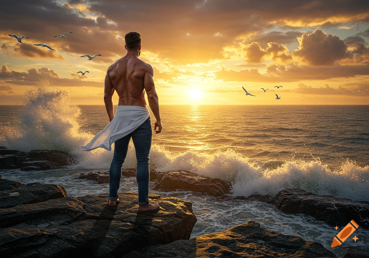 Muscular man in jeans on rocks at sunset, facing the ocean with waves and seagulls.