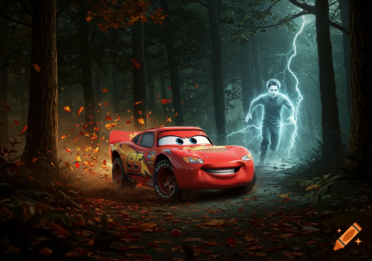 Lightning McQueen races through an autumn forest as glowing Edward Cullen runs behind him amidst lightning.