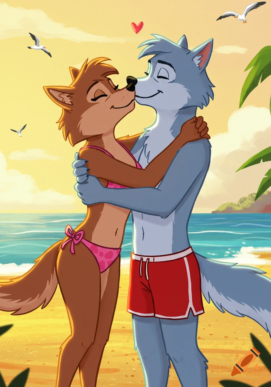 A brown female wolf in a pink bikini and a light blue male wolf in red briefs hug and kiss on a sunny beach, in a 2D animation style.