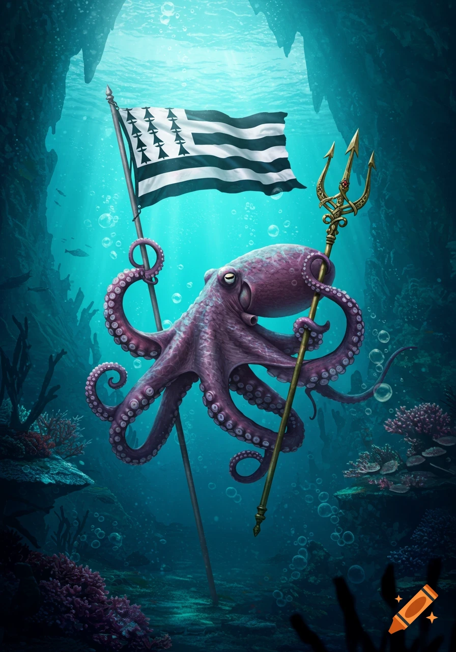 A purple octopus holds a black and white Breton flag and a golden trident underwater, in an illustrative style.