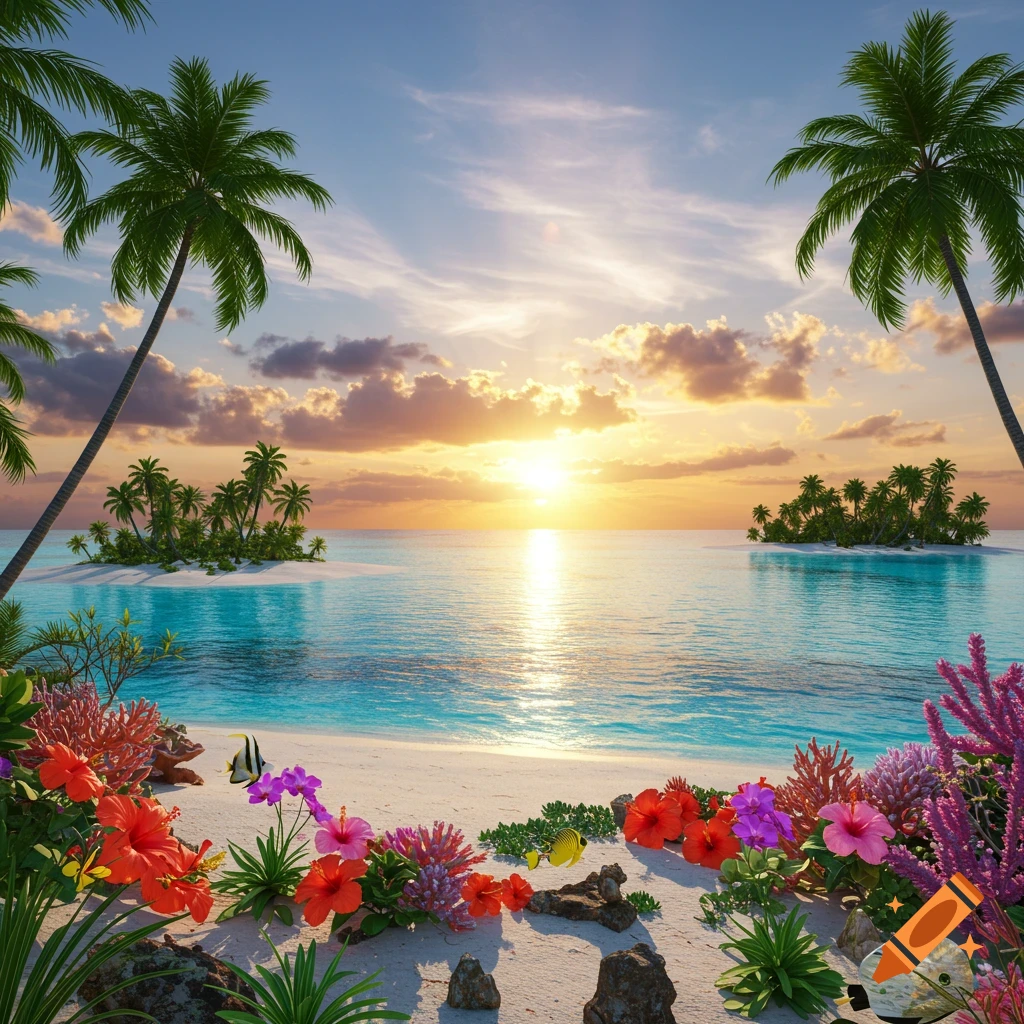A vibrant photorealistic tropical beach at sunset with palm trees, colorful flowers, and small fish in turquoise water.