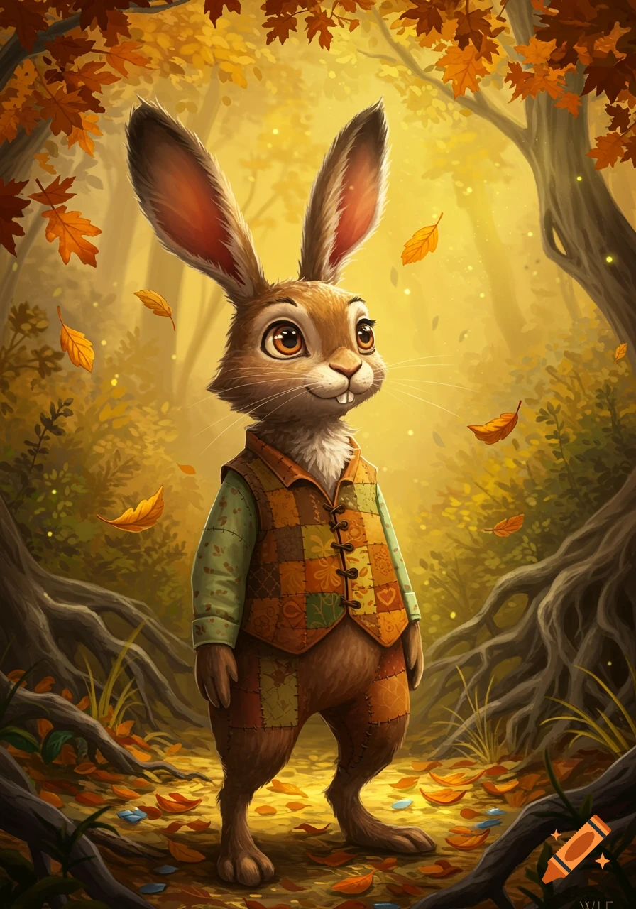 A cute cartoon hare wearing a patchwork vest stands in a sunlit autumn forest with falling orange leaves.