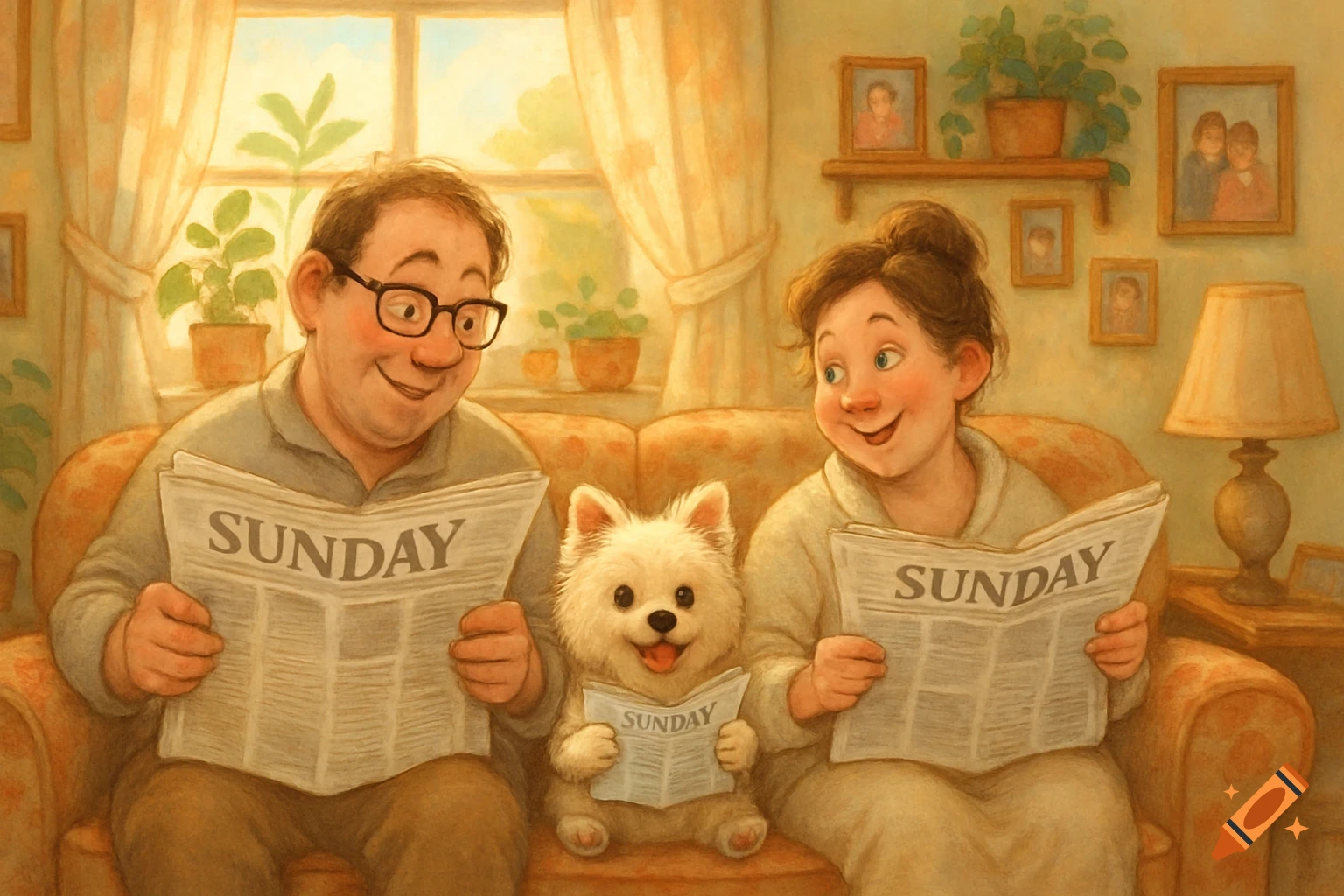 A family with a man, woman, and dog smile while reading 'SUNDAY' newspapers on a couch in a warm illustration.