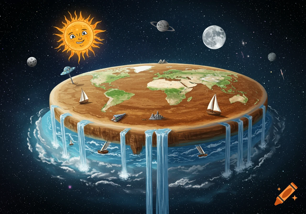 Cartoon flat Earth in space with waterfalls cascading from its edges, surrounded by a smiling sun, moon, and planets.