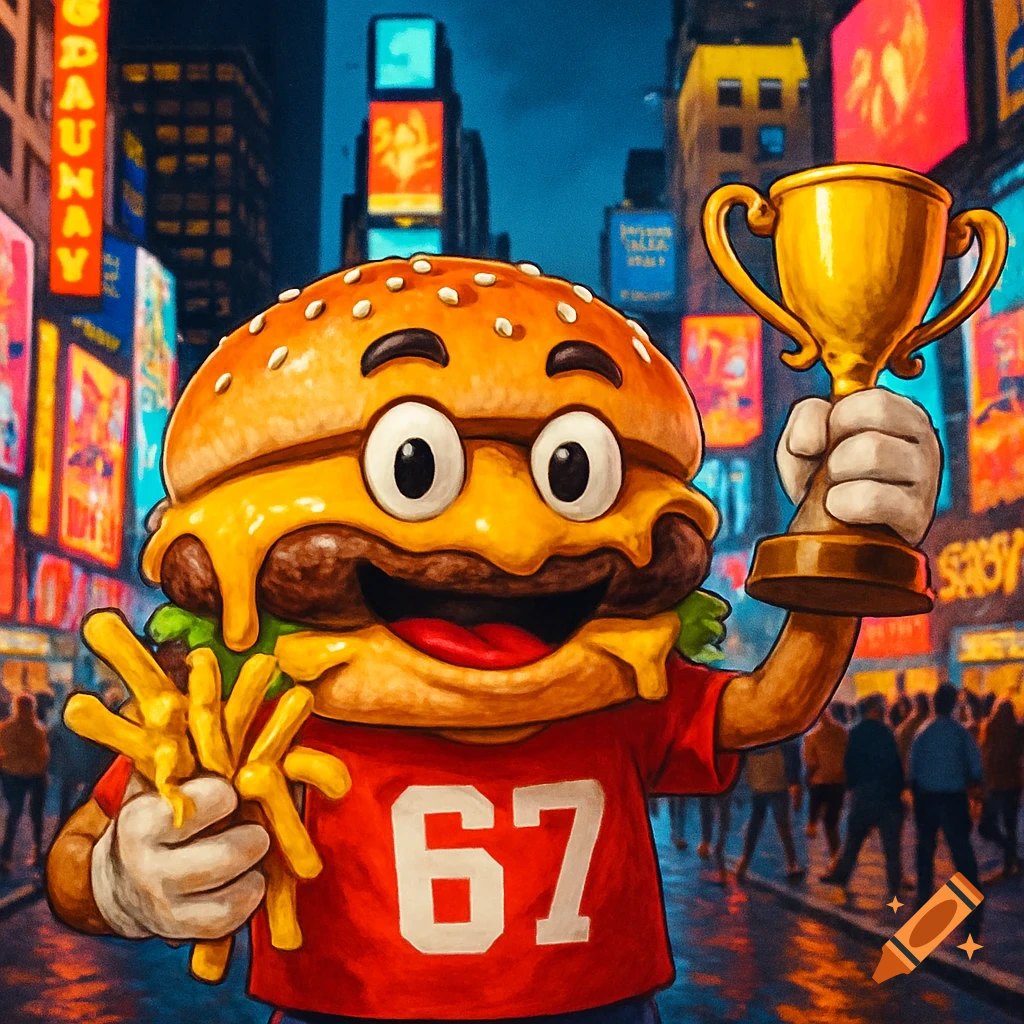 A happy cartoon cheeseburger with a face, wearing a red '67' shirt, holds a gold trophy and a pile of french fries in a vibrant Times Square-like setting.