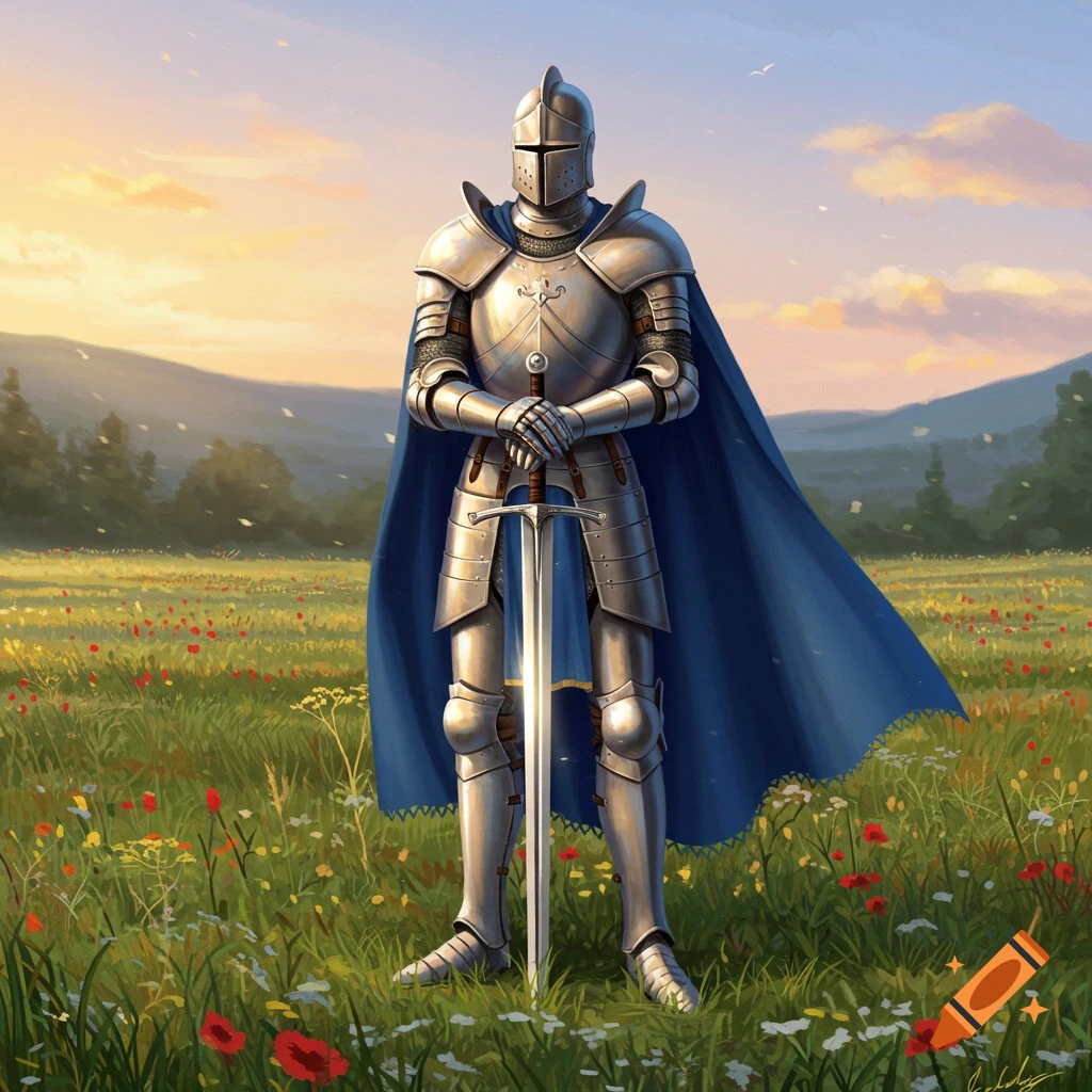 A knight in shining armor with a blue cape stands in a field of wildflowers at sunset.