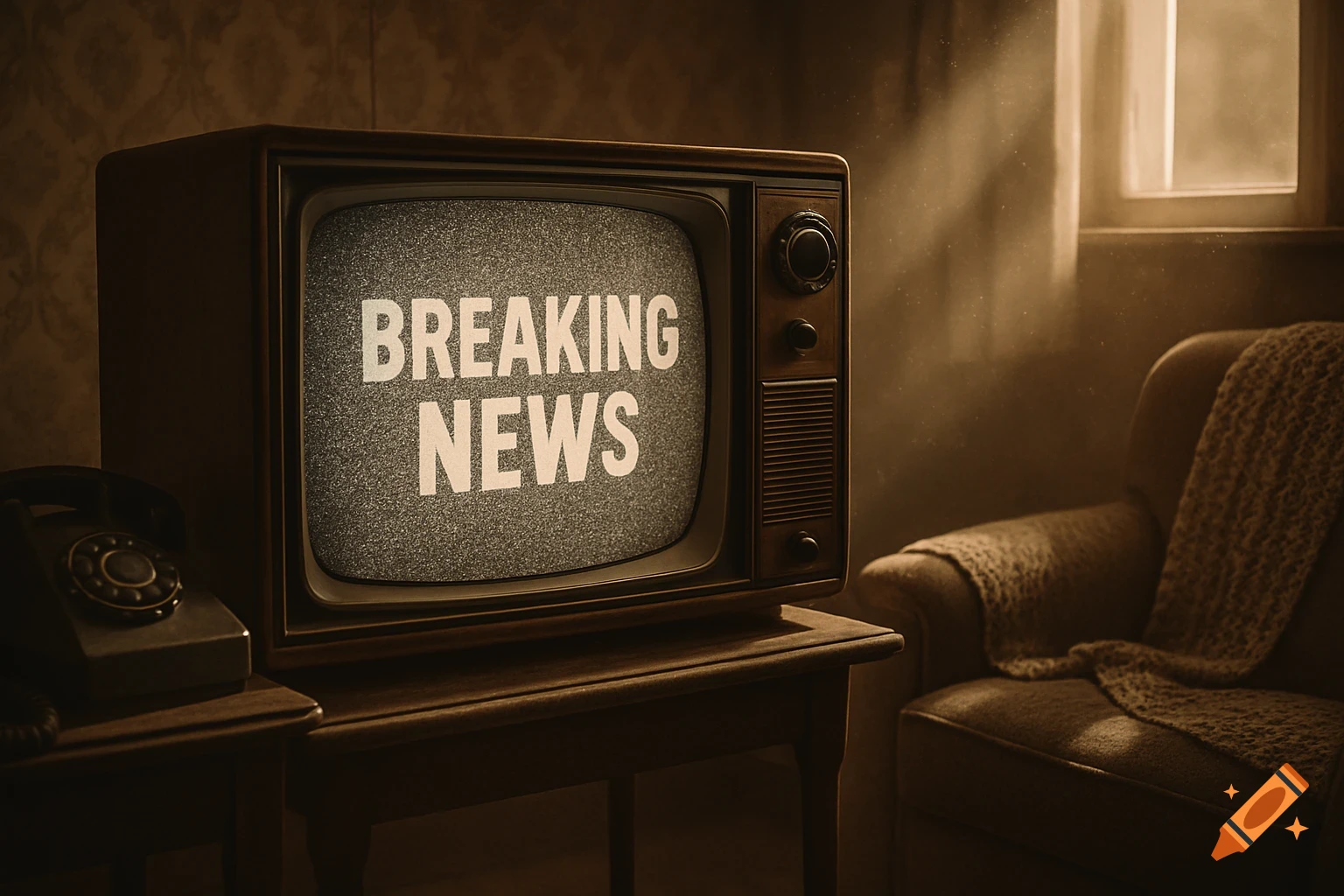 An old-fashioned television displays 'BREAKING NEWS' on its static screen in a dimly lit, vintage room.