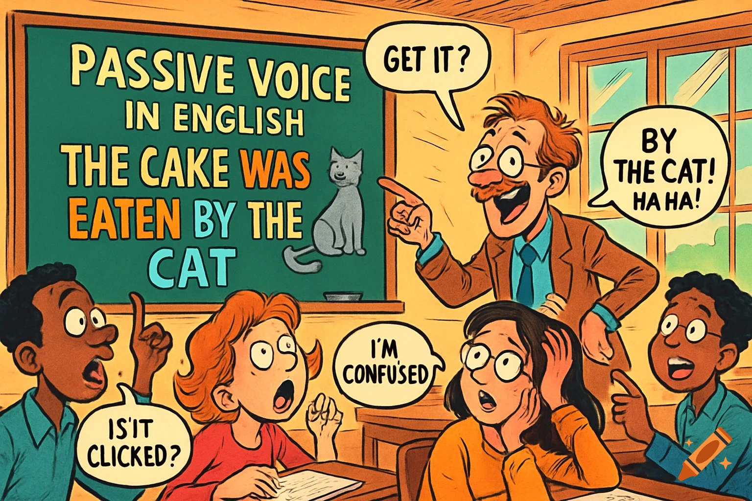 A cartoon teacher points to a blackboard with an example of passive voice while students react, some confused, some amused.