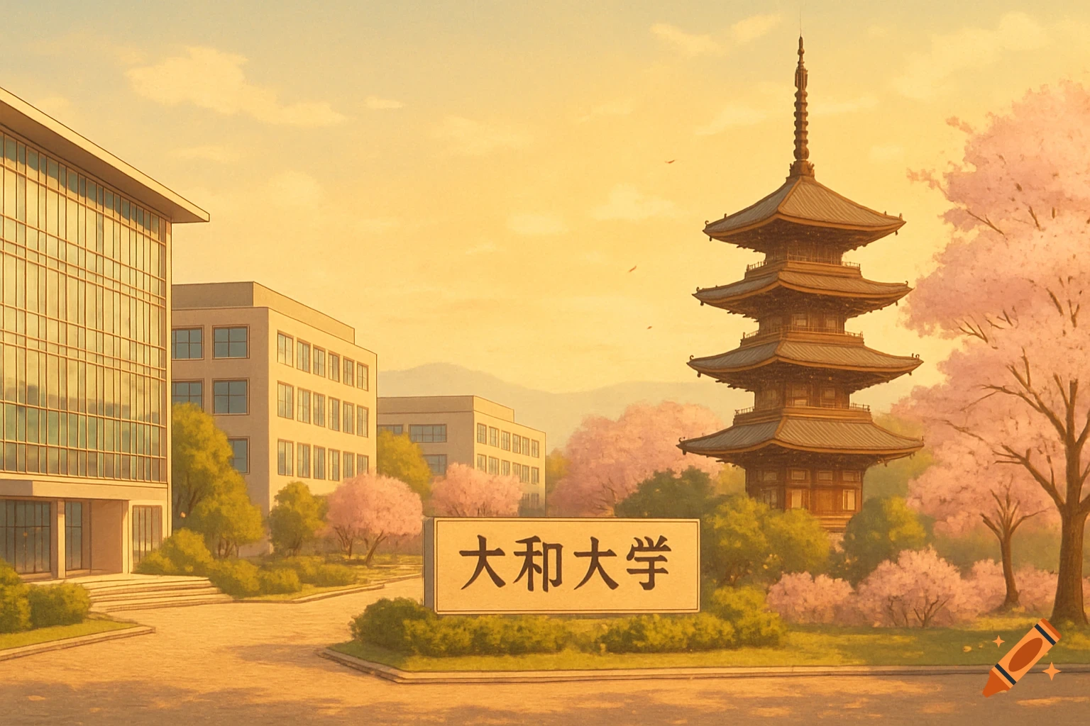 An anime-style Japanese university campus featuring modern buildings, a traditional pagoda, and vibrant cherry blossom trees under a warm sky.