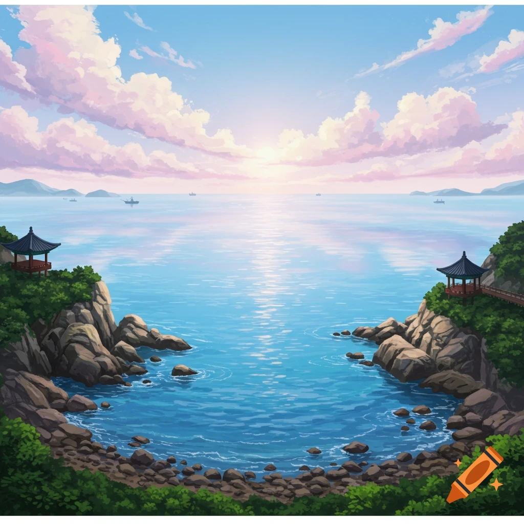 An anime-style illustration of a serene ocean view at sunrise or sunset, featuring two pagodas on rocky cliffs overlooking a bay.