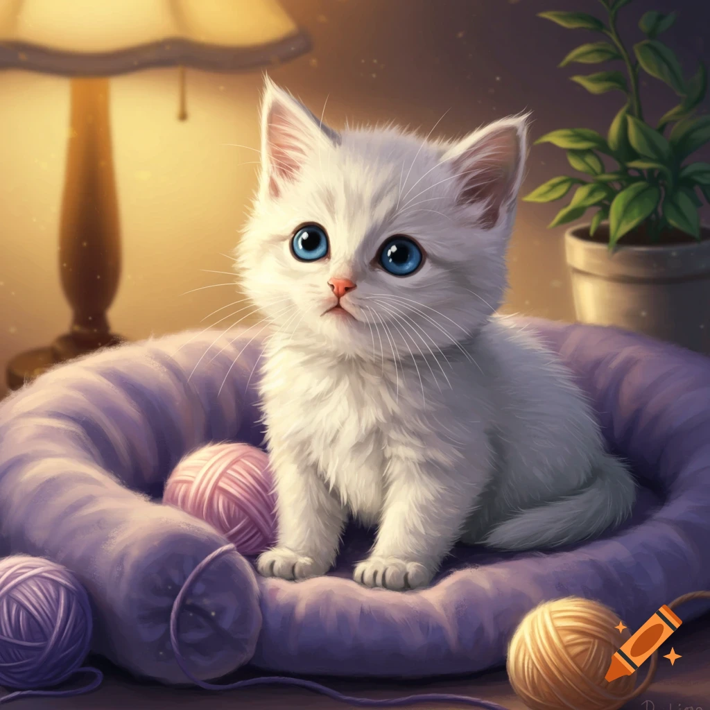 A fluffy white kitten with bright blue eyes sits in a purple knitted bed, surrounded by balls of pink and yellow yarn, under warm lamp light.