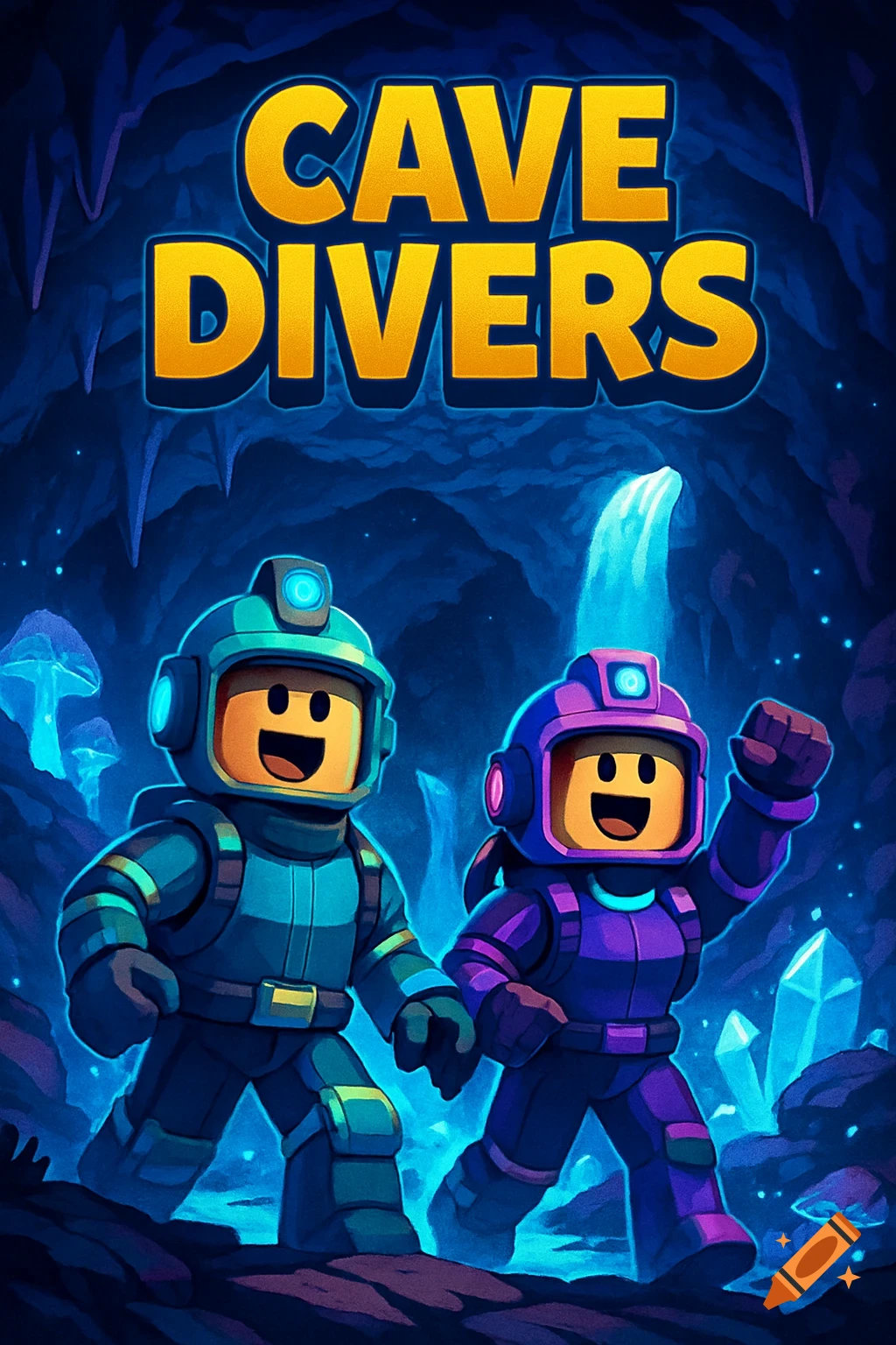 A stylized thumbnail for "Cave Divers" showing two cartoon divers in blue and purple suits, smiling in a glowing cave with bioluminescent mushrooms, crystals, and a waterfall.