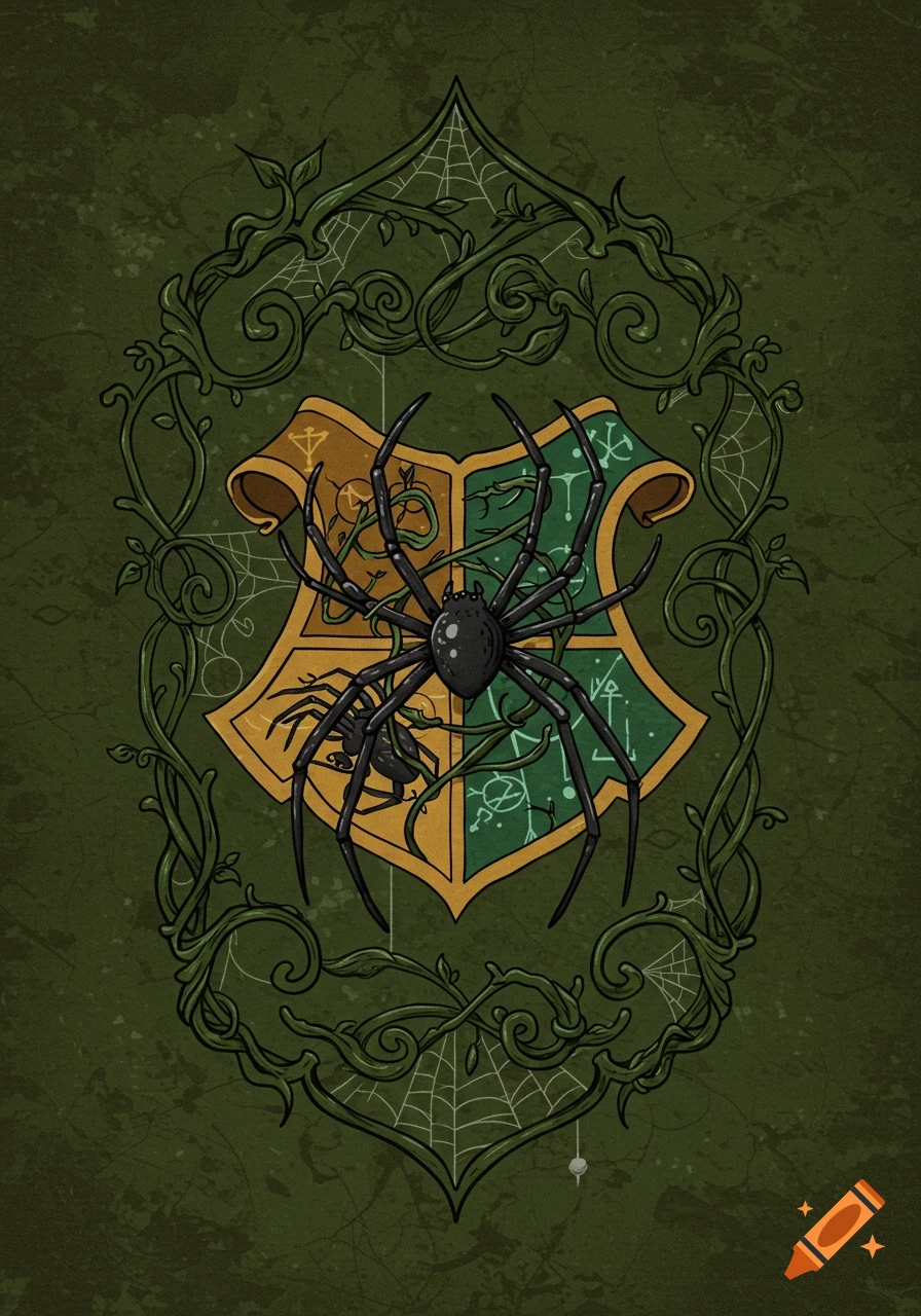 An illustration of two black spiders on a green and gold shield, framed by dark green vines and spiderwebs, against a textured dark green background.