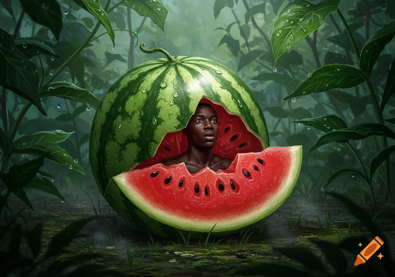 Detailed illustration of a Black man emerging from a split watermelon in a lush, dewy jungle.