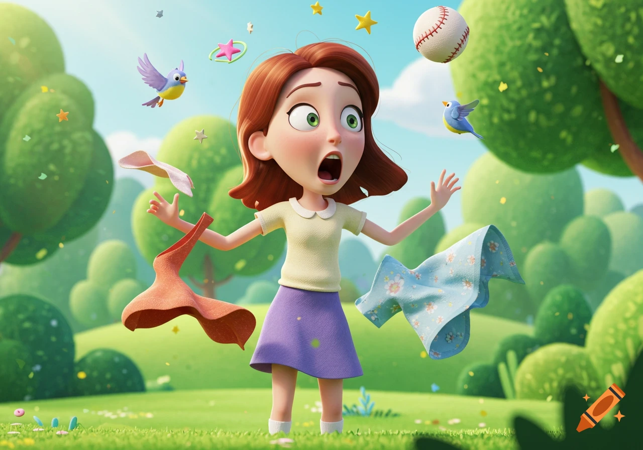 A wide-eyed cartoon woman in a park is surprised as her clothes fly off, with a baseball and birds around her.