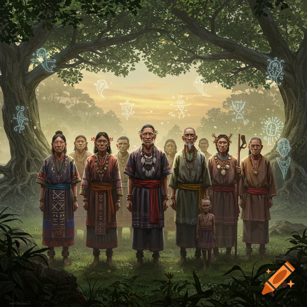 A group of Indigenous people, including elders and a child, stand under large trees with glowing spiritual symbols in a forest clearing. Realistic painting style.