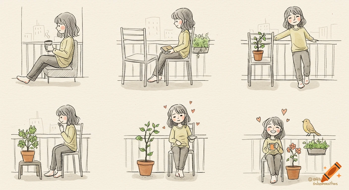 Six hand-drawn panels depict a girl on a balcony, enjoying coffee, reading, nurturing a plant, and welcoming a bird, in a simple sketch style.