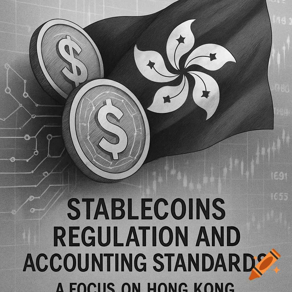 Black and white sketch of dollar coins, Hong Kong flag, and text 'STABLECOINS REGULATION AND ACCOUNTING STANDARDS A FOCUS ON HONG KONG' against a stock market and circuit board background.