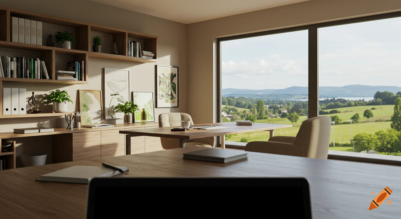A modern, cozy office with wooden shelves, books, plants, a desk with a laptop, and a large window overlooking a green hilly landscape.