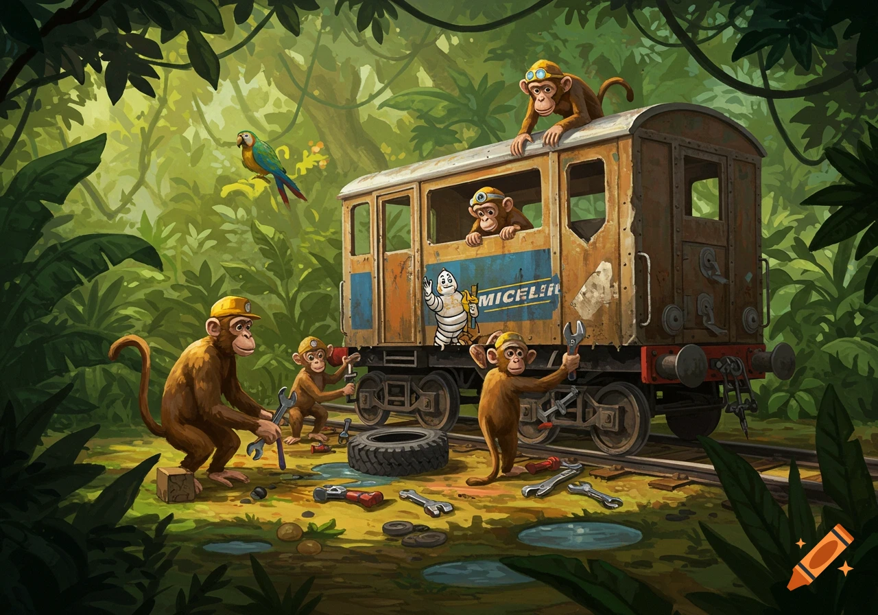 An illustration of cartoon monkeys repairing a rustic railcar in a lush jungle, with the Michelin man logo on the train.