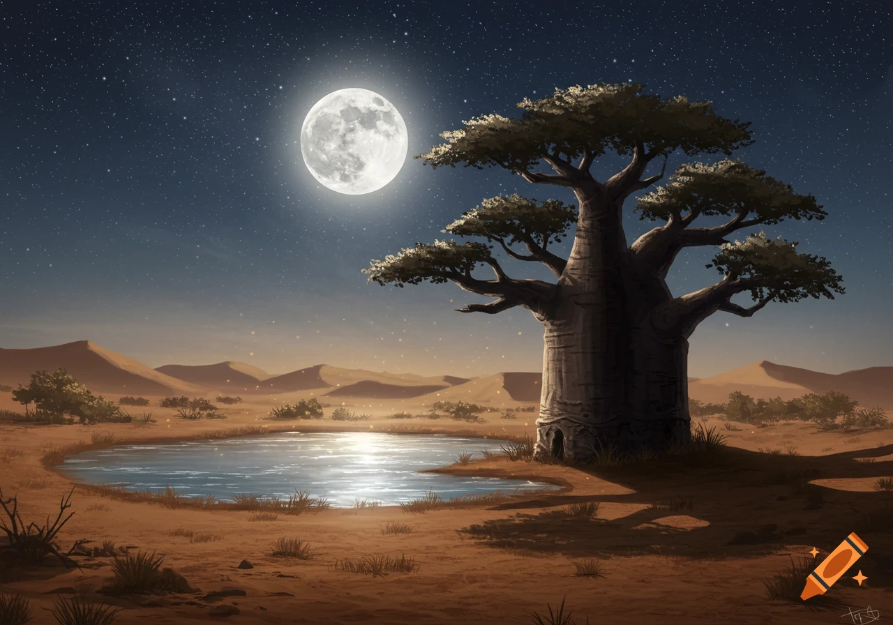 Illustrated desert landscape at night with a large baobab tree by an oasis, under a bright full moon and starry sky.