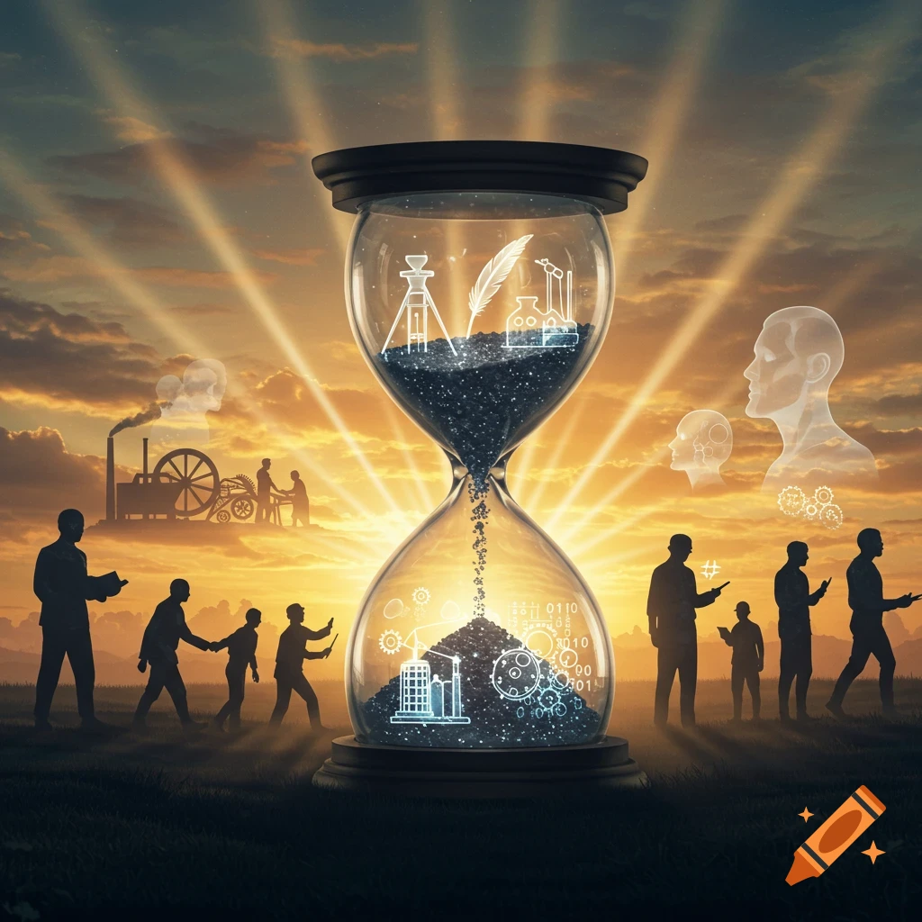 An hourglass with symbols of past industry and future technology, surrounded by silhouetted people evolving through time, under a bright, glowing sky.