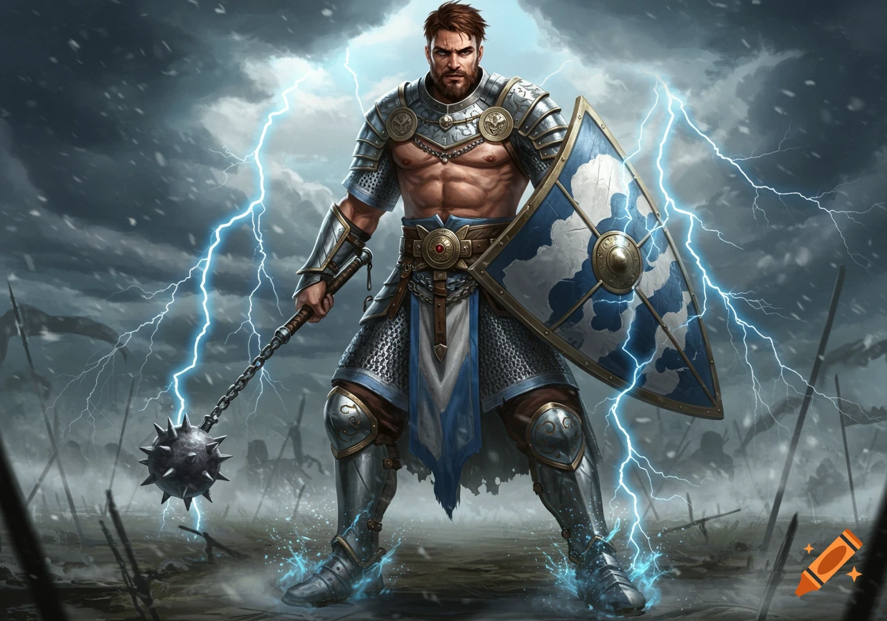 Muscular fantasy warrior in white and blue chainmail armor, holding a flail and shield, standing in a stormy battleground with lightning.