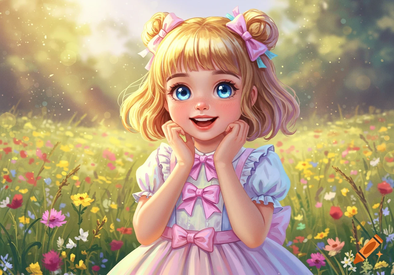 A cute blonde anime girl with blue eyes and pigtails, smiling in a sunny field of colorful flowers.