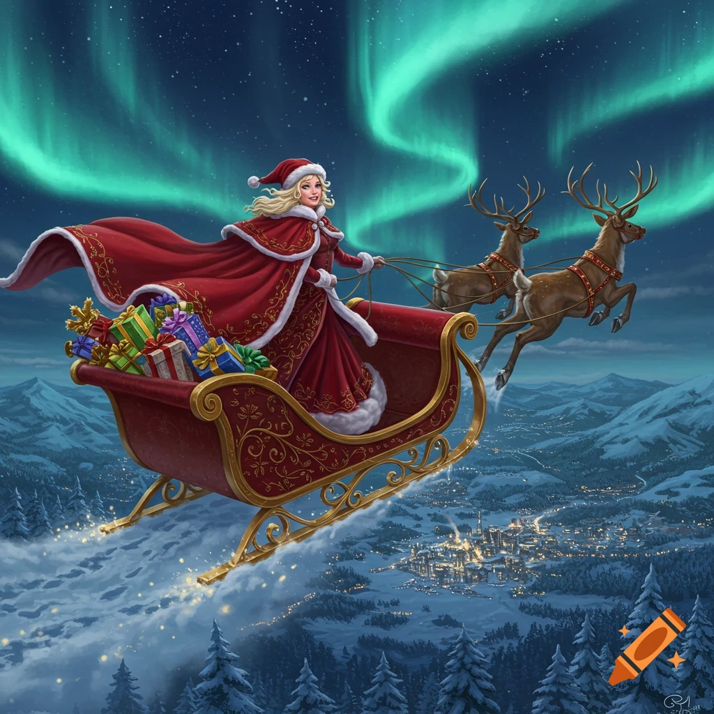 Miss Clause in a red coat and hat flies a sleigh full of presents, pulled by reindeer, over a snowy town under the aurora borealis.
