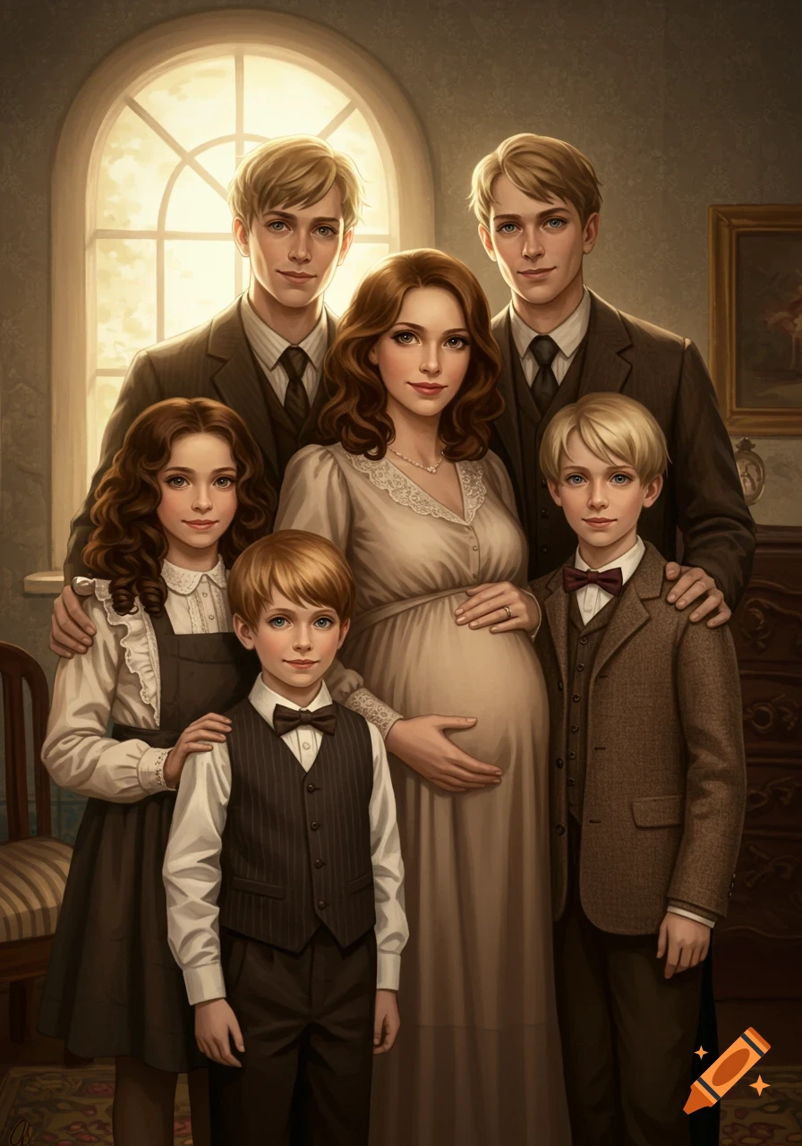 A vintage-style family portrait of a pregnant mother, a father, and four children in an ornate room with a large window.