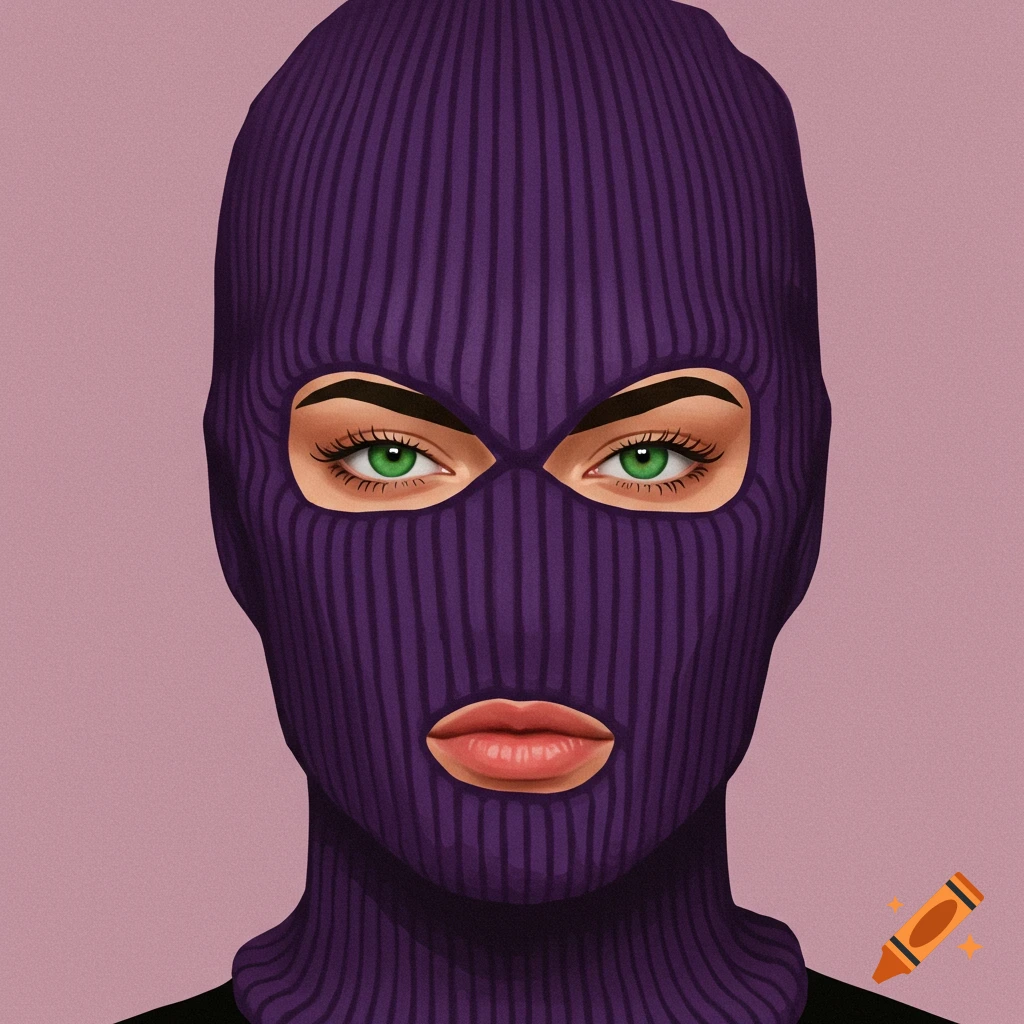 Abstract minimalist portrait of a woman in a purple knitted balaclava with striking green eyes.