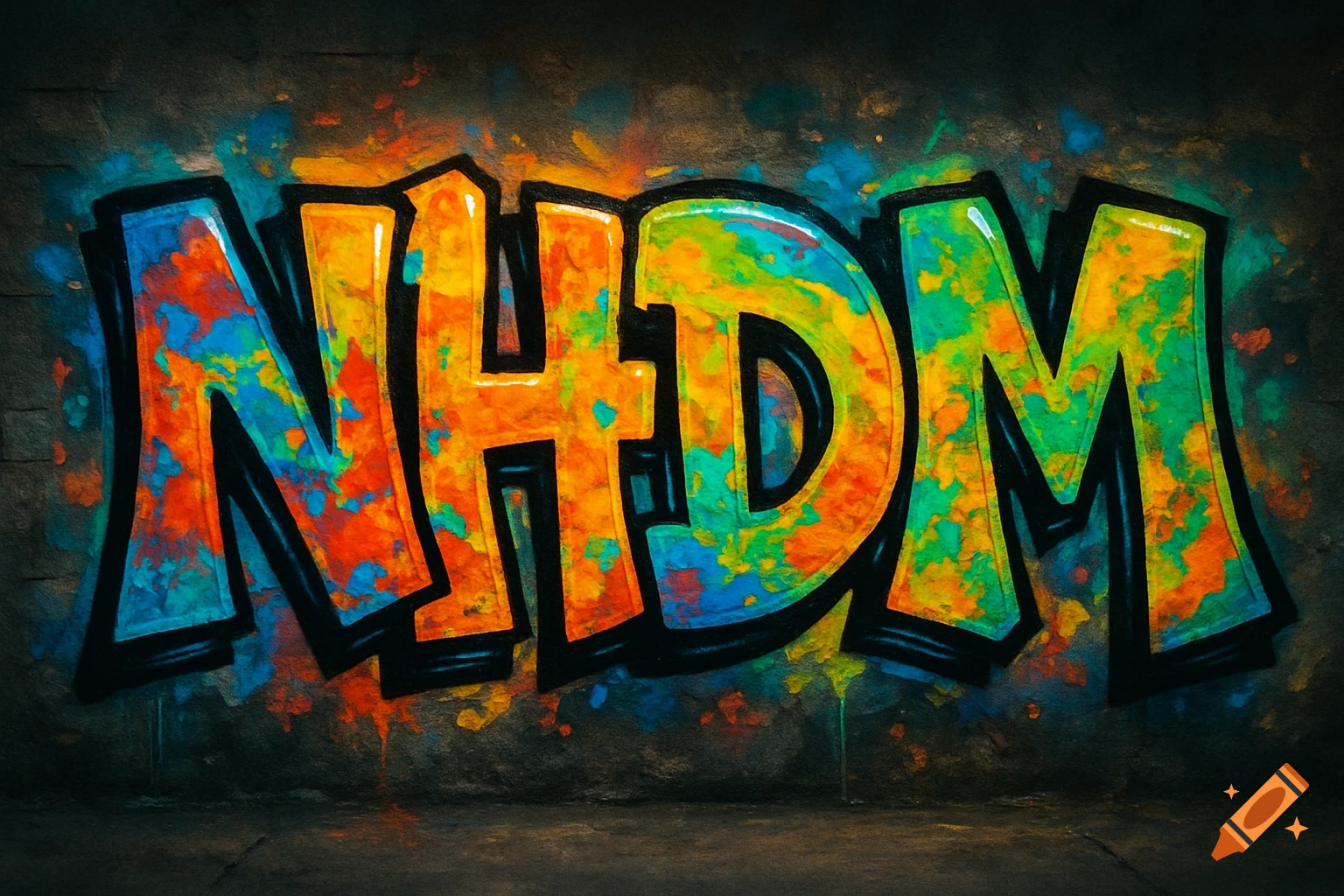 Vibrant graffiti art spelling 'NHDM' in blue, orange, yellow, and green, with black outlines on a dark, textured wall.