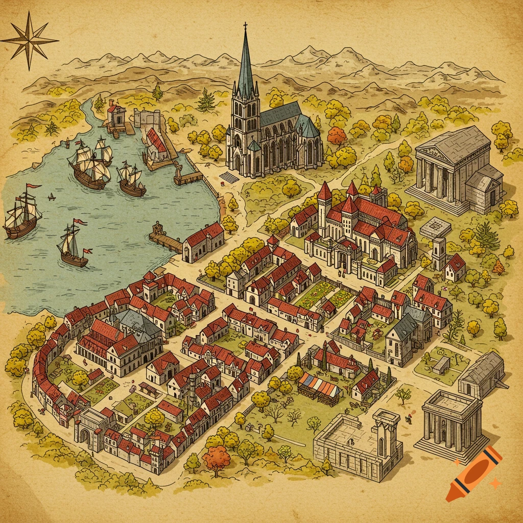 Detailed medieval city map on parchment, featuring a harbor with ships, a large church, a bustling town, and various structures amid autumn trees.