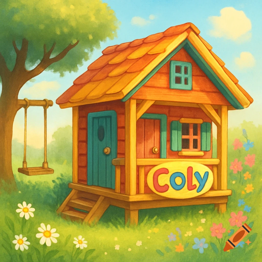 A colorful, cartoon-style wooden playhouse with a "Coly" sign, a swing, a tree, and flowers in a sunny field.