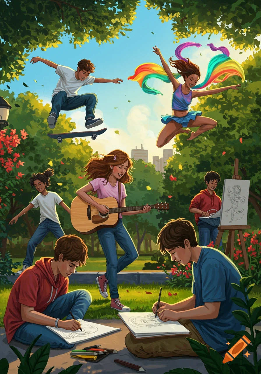 Illustration of diverse young people skateboarding, dancing, playing guitar, and drawing in a sunny park.