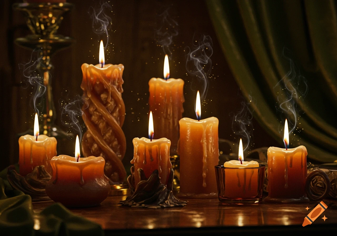 Multiple illuminated, ornate artisanal candles with smoke and magical particles on a dark, draped table.