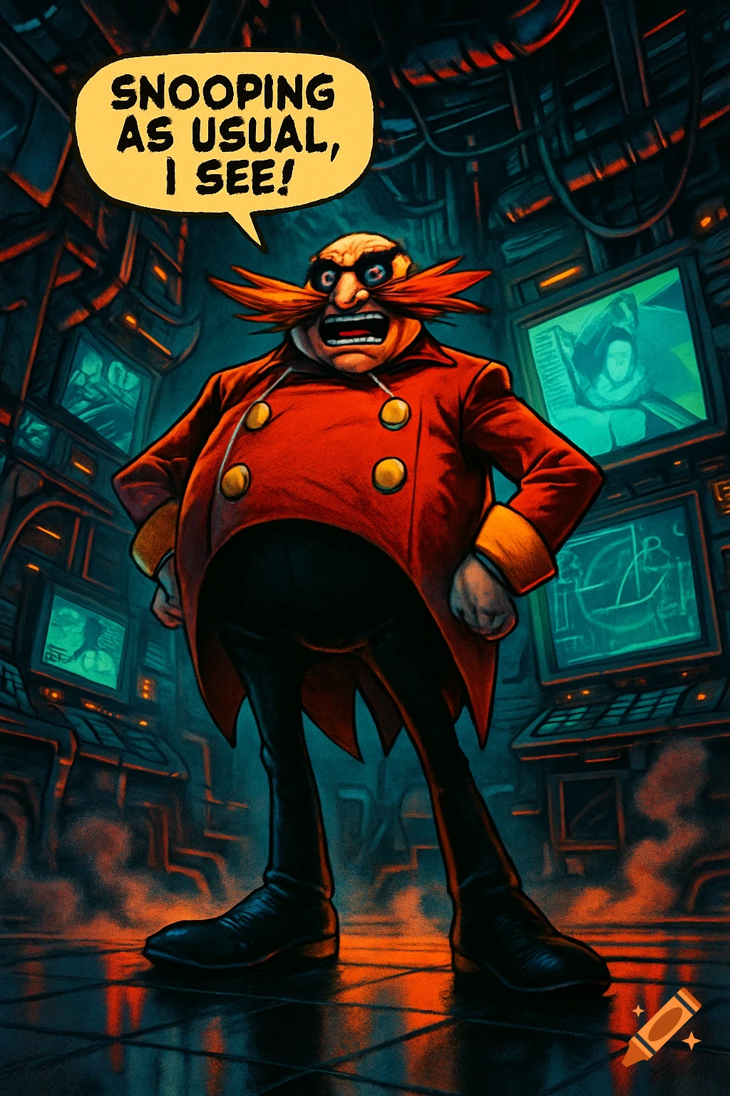 Dr. Robotnik, with a wide mustache and red jacket, stands menacingly in a dark, glowing sci-fi lab, saying "SNOOPING AS USUAL, I SEE!" in a speech bubble.