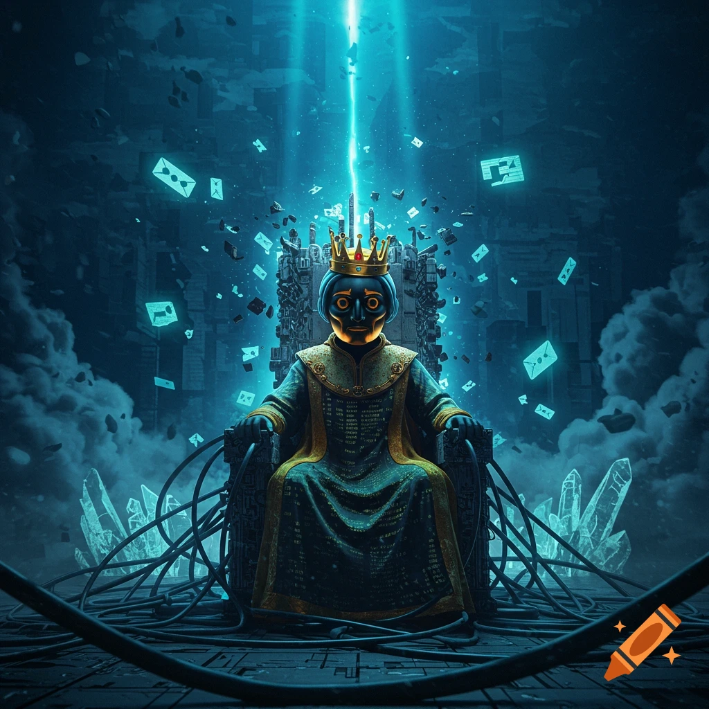 A crowned, robotic figure with a metallic face sits on a glowing, tech-laden throne amidst floating data and blue light in a dark, futuristic setting.